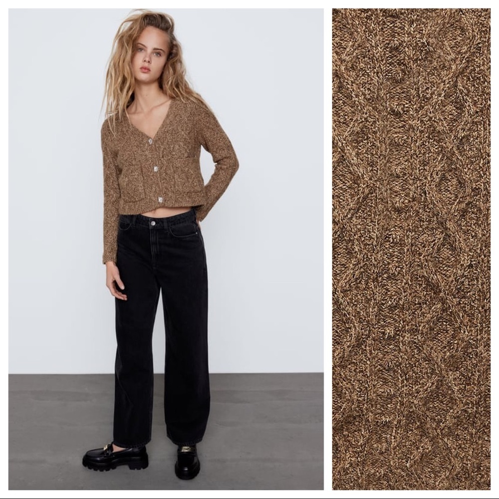 NWT. Zara Brown Jewel Button Knit Cropped Cardigan. Size S.